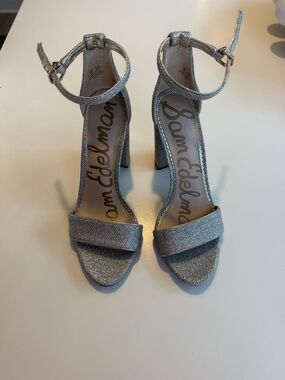 Sam Edelman Silver Glitter Ankle-Strap Block Heels